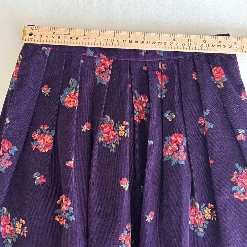 Vintage 90's Purple Floral‎ Corduroy Pleated Midi Skirt Sz 8 Cottagecore